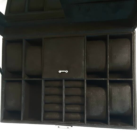 Black Velvety Fabric Lined Jewelry Box Multi Compartments Mirror Locking  Key - Picture 10 of 13